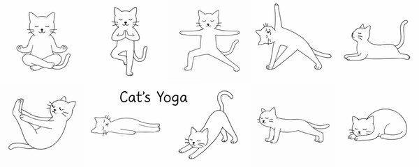Black and white line drawing of cartoon cats performing various yoga poses, with Cat’s Yoga text. Wellness and pet.