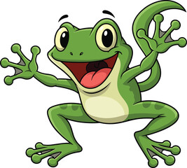 Cartoon Frog with Outstretched Limbs, Open-Mouthed Happy Pose, Green Body with Spots, Playful Amphibian Cad Drawing Vector Illustration
