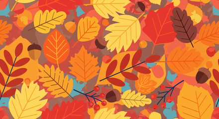 Flat illustration of a seamless autumn pattern with vibrant yellow, orange, and red leaves, acorns, and berries on a dark brown background. Perfect for fall-themed textures