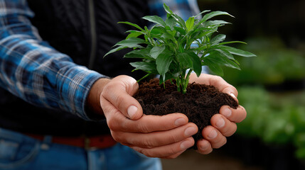 Close-up of hands holding a small plant symbolizing ecology and environmental care with natural green background and fresh nature concept