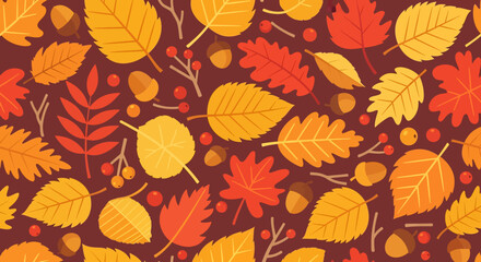 Flat illustration of a seamless autumn pattern with vibrant yellow, orange, and red leaves, acorns, and berries on a dark brown background. Perfect for fall-themed textures