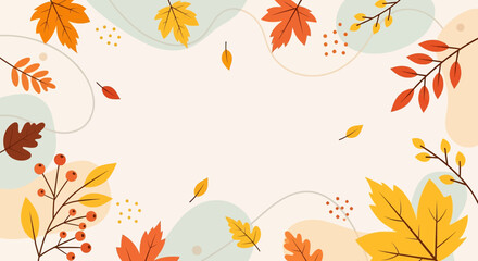 Flat illustration of a soft, minimalist autumn background with scattered colorful leaves and berries, leaving ample copy space. Ideal for subtle seasonal designs and text overlays