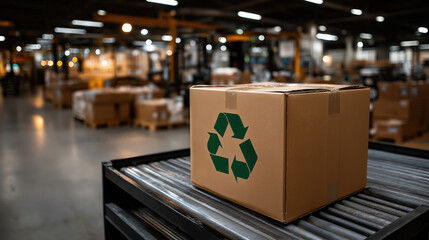 Recycling symbol printed on cardboard box in warehouse, representing sustainable parcel delivery, eco-friendly packaging, and green logistics center operations