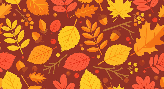 Flat illustration of a seamless autumn pattern with vibrant yellow, orange, and red leaves, acorns, and berries on a dark brown background. Perfect for fall-themed textures