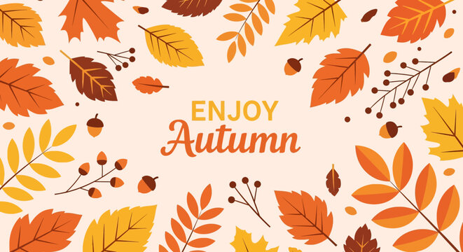Flat illustration of an inviting autumn background with colorful leaves, berries, and acorns framing the text "Enjoy Autumn". Perfect for seasonal greetings and designs