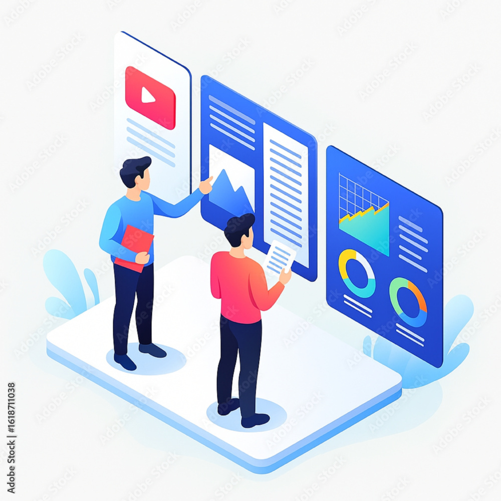 Poster dynamic duo analyzing business data and digital marketing strategy on interactive screens