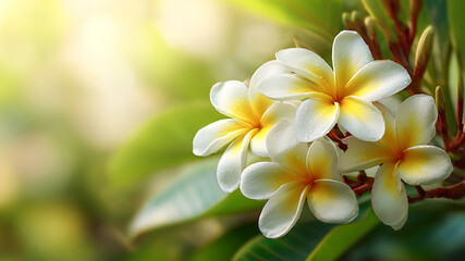 Vibrant white and yellow Plumeria flowers with water droplets in a sunny garden