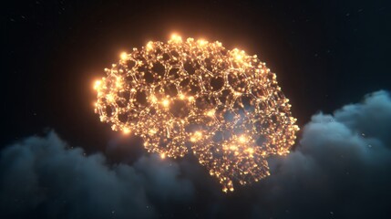 Golden molecular structure of spermidine radiating neural energy above a cosmic brain-shaped nebula, surrounded by ethereal bioluminescent glow and volumetric lighting in high-detail science fantasy.