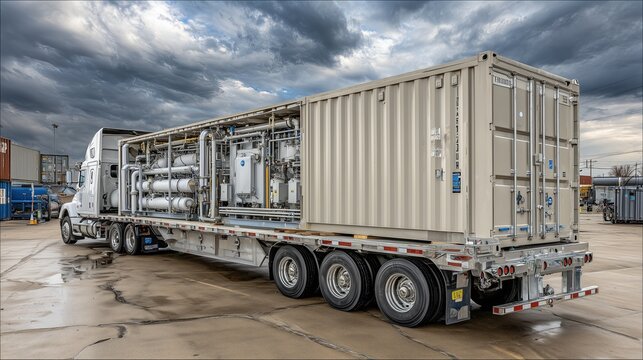 Containerized water treatment system placed in remote rural village, solar panels mounted on top and pipes extending to water tanks