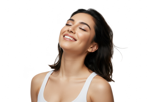 Beautiful woman with dark hair smiling with eyes closed, isolated on transparent background