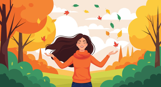 Flat illustration of a peaceful woman enjoying autumn weather with falling leaves in a colorful park landscape. Perfect for seasonal and wellness themes