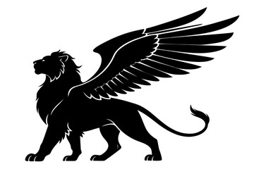 Fototapeta premium Mystery predator winged lion head sihouette black vector