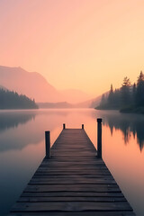 Wooden pier extending into a misty lake at sunrise with soft pastel sky