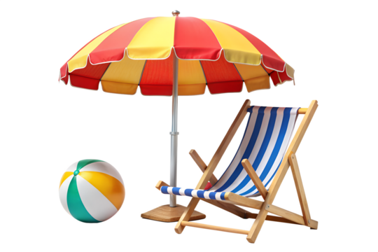 A colorful beach umbrella and striped chair isolated on transparent background, offering a relaxing summer vacation by the sea or ocean