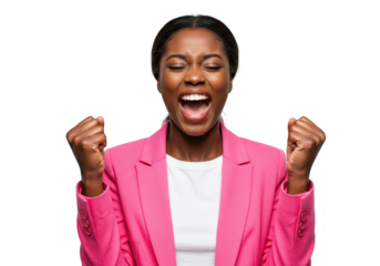 Excited woman in pink blazer celebrating success isolated on transparent background