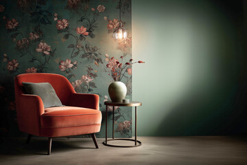 Coral velvet armchair with floral wallpaper and flowers