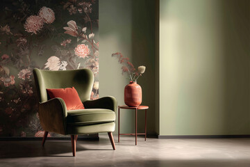 Olive green armchair with floral wallpaper and vase