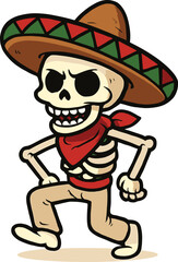 Dancing Skeleton in Sombrero Hat, Mexican Style, Cultural Costume, Day of the Dead Vector, Funny Pose, Cad Drawing Illustration