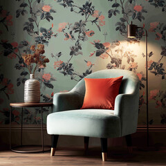 Elegant chair and table with floral wallpaper