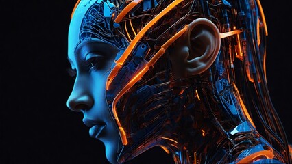 Portrait of woman in headphones listening music with closed eyes. Double exposure of female face and galaxy isolated on white background. Digital art. Blue neon light. Free space for text.