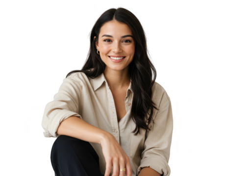 A smiling woman in a casual shirt isolated on transparent background