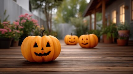 Spooky Halloween Night Glowing Jack O'Lanterns on Dark Porch Outdoor Scene Festive Atmosphere