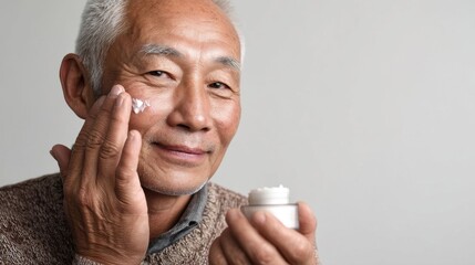 Elderly man applying facial cream.