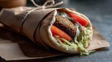 Falafel pita with fresh vegetables.