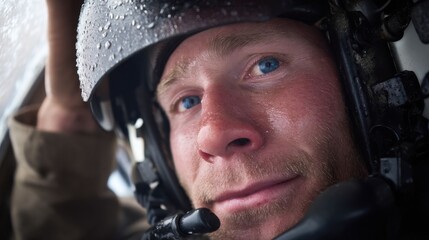 Emergency responder inside shaking helicopter.
