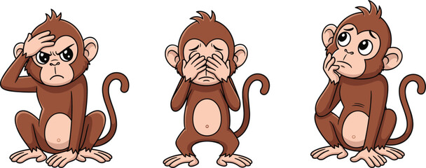 Three Wise Monkeys cartoon vector set, cute stylized primates covering eyes, ears and mouth, playful emoji-style moral proverb art © Creative Minds