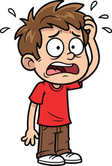 Worried Cartoon Boy Holding Head and Sweating in Red Shirt and Brown Pants, Silhouette CAD Style Vector Illustration