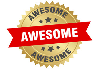 awesome. awesome round red and gold label isolated on transparent background