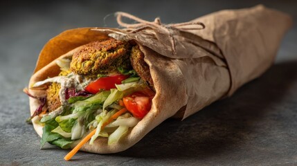 Falafel pita with fresh vegetables.
