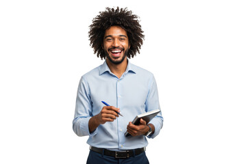 A smiling man holding a clipboard and pen, isolated on transparent background