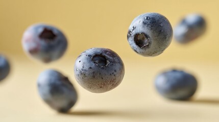 Floating blueberries on a soft yellow background.