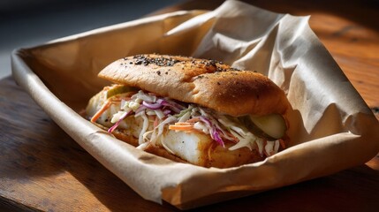 Fish sandwich with slaw and pickles