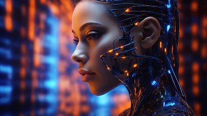 Portrait of woman in headphones listening music with closed eyes. Double exposure of female face and galaxy isolated on white background. Digital art. Blue neon light. Free space for text.