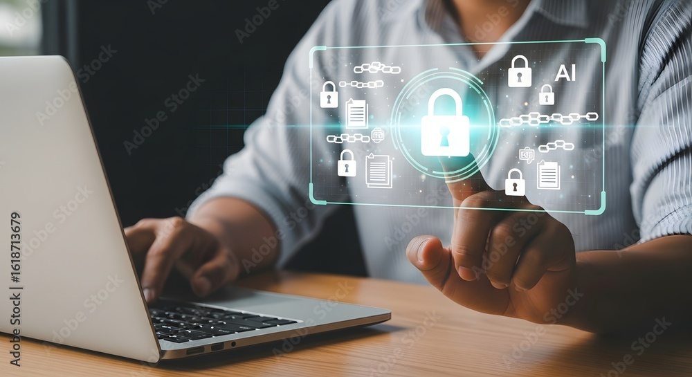 Poster cyber security ai data protection concept man using laptop with lock icon interface