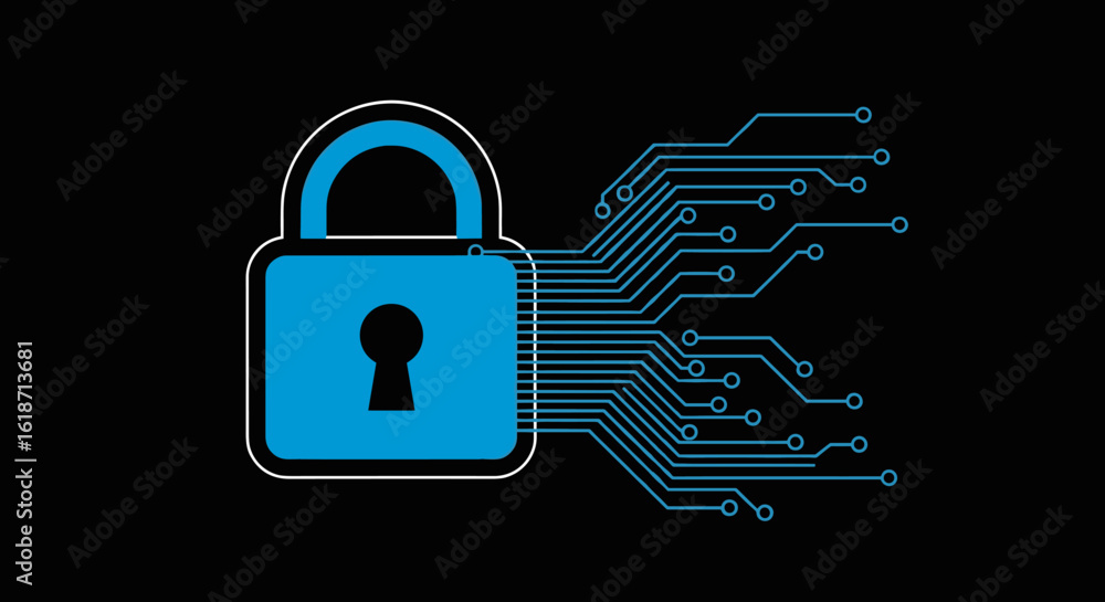 Poster a digital padlock icon, symbolizing cybersecurity and data protection, is presented with circuit boa