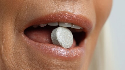 Woman holding magnesium pill.