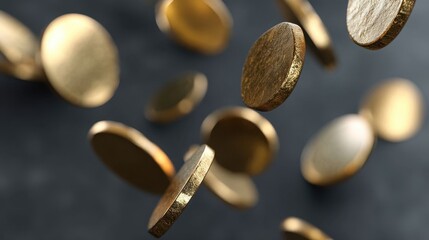 Falling gold coins on dark surface.