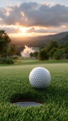 A player concentrates on putting as a golf ball rests close to the hole, surrounded by vibrant green grass and a serene sunset backdrop