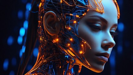 Portrait of woman in headphones listening music with closed eyes. Double exposure of female face and galaxy isolated on white background. Digital art. Blue neon light. Free space for text.