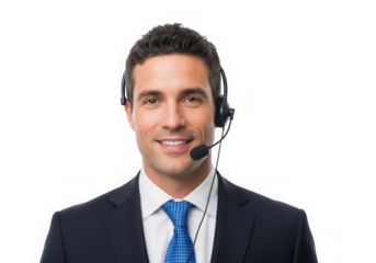 Smiling man wearing headset customer service agent isolated on transparent background