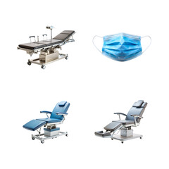 Collage of medical equipment including surgical table, examination chairs, and face mask, isolated on transparent background