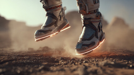 A pair of futuristic boots levitate over rocky terrain, suggesting space travel, advanced tech, and gravity-defying exploration