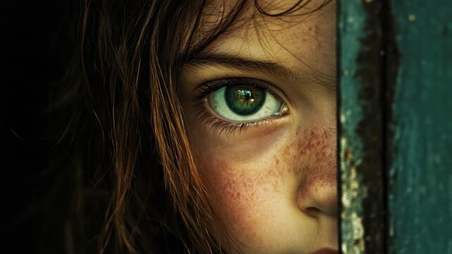 Close-up of young girl with green eye and freckles peering through doorway