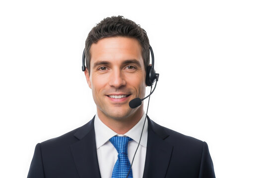 Smiling man wearing headset customer service agent isolated on transparent background