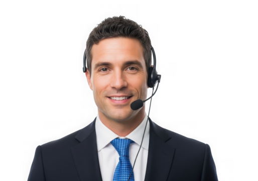 Smiling man wearing headset customer service agent isolated on transparent background