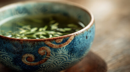 Mindful tea moment captured in close-up: loose leaves in delicate cup evoke self-care and peaceful rituals